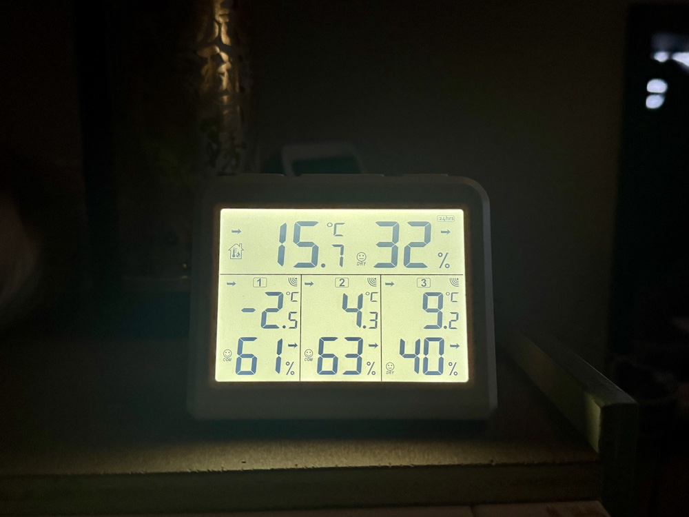 外気温マイナス2.5℃と居住空間15.7℃を示した温度計