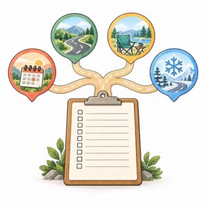 旅のスタイルから自分に合うキャンピングカーを考える無料診断のイラスト