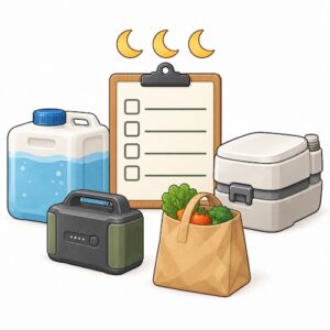 2泊・3泊の旅に必要な水、電気、食料、トイレを確認する無料ガイドのイラスト