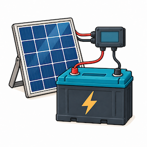 ソーラーパネル、サブバッテリー、電源プラグのイラスト