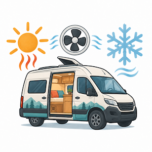 暑さと寒さに備えて換気するキャンピングカーのイラスト