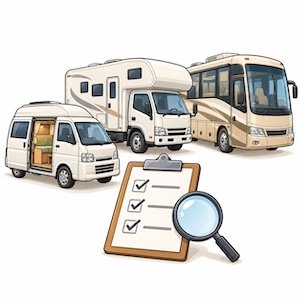 軽キャンパー、キャブコン、バスコンを比較して、自分の旅に合う車を考えるイラスト