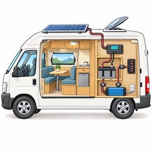 ソーラーパネル、チャージコントローラー、サブバッテリー、インバーター、コンセント、ターミナルボックスの接続を示すイラスト