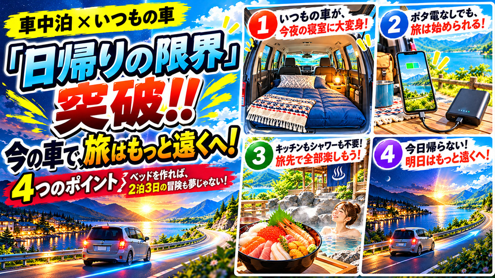 普通車で車中泊を始める4つのポイントを、車内の寝床、スマホ充電、温泉・グルメ、翌日のドライブで紹介するイラスト