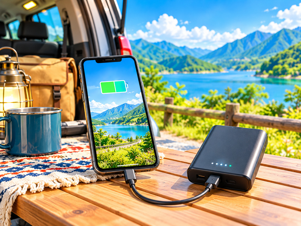 車中泊でスマートフォンをモバイルバッテリーにつないで充電しているイメージイラスト