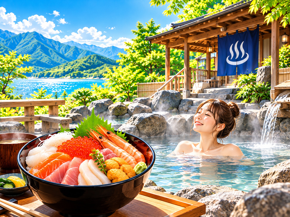 旅先の海鮮丼と露天風呂を描いた、車中泊旅行でご当地グルメや温泉を楽しむイメージイラスト