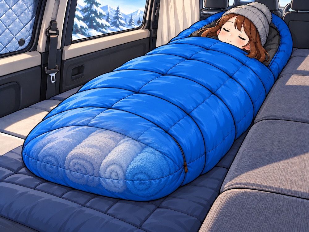 車中泊で青い寝袋に入って眠る女性と、寝袋の足元に着替えや丸めたタオルを詰めた様子のイラスト