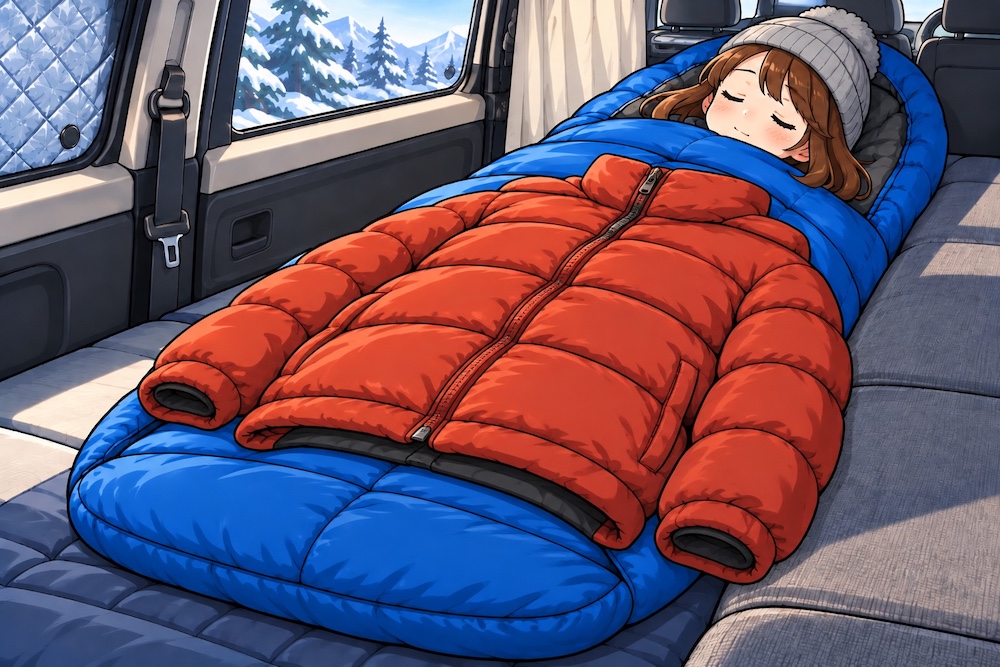 冬の車中泊で青い寝袋の上に赤いダウンジャケットを重ねて眠る女性のイラスト