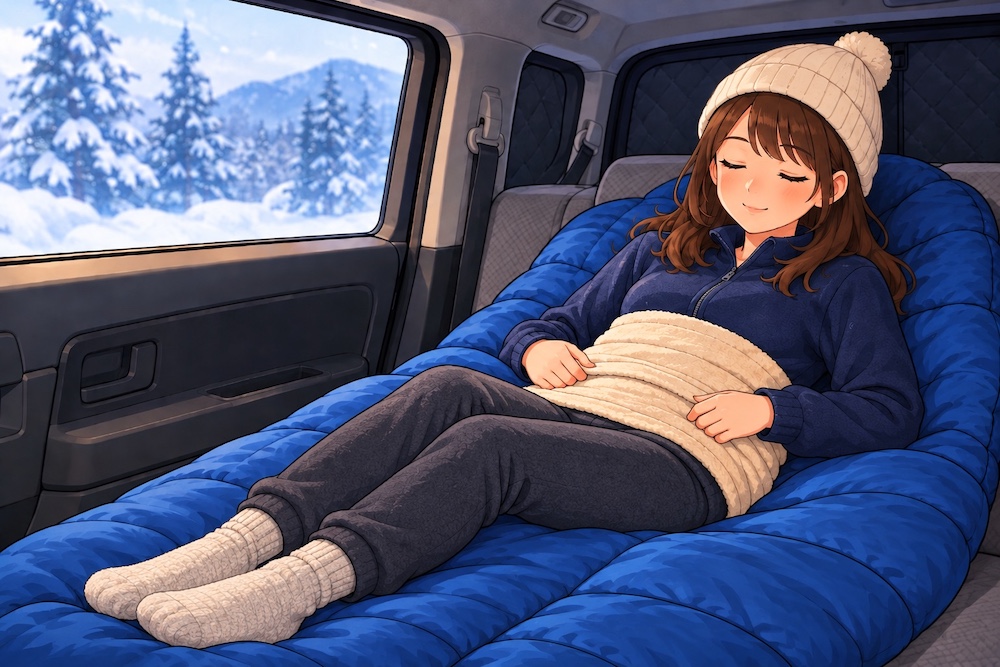 冬の車中泊で青い寝袋の上に座り、お腹にベージュのタオルを腹巻き代わりに巻いている女性のイラスト