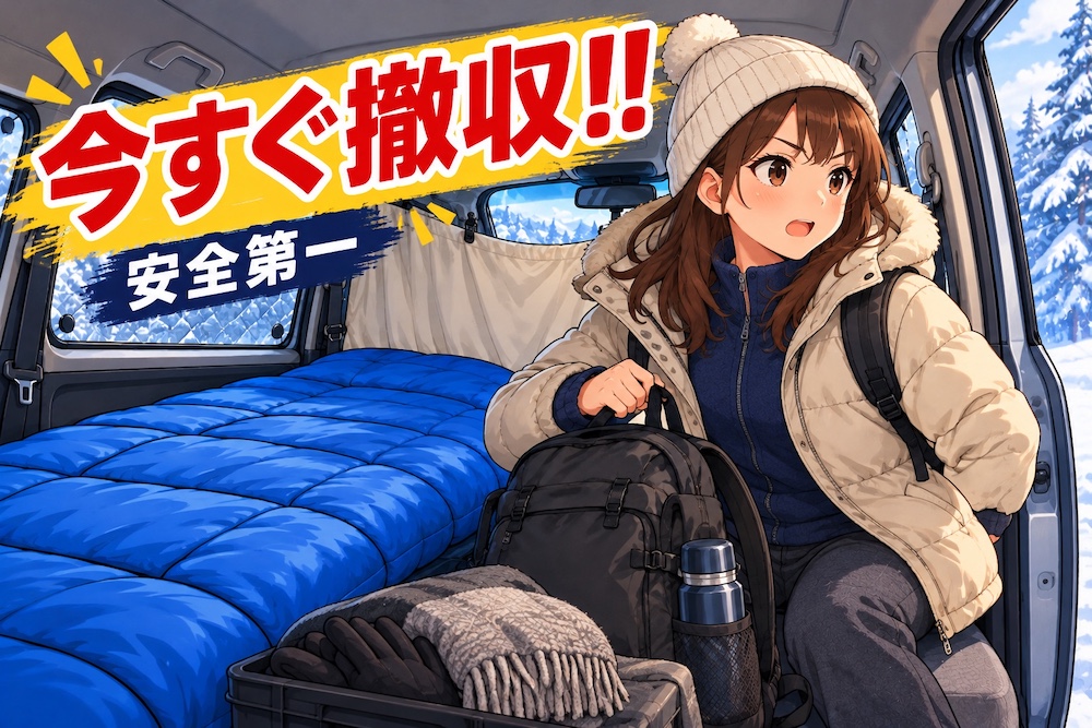 冬の車中泊を中止し、防寒着を着て撤収の準備をする女性と「今すぐ撤収!! 安全第一」の文字が描かれたイラスト