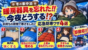 冬の車中泊で暖房器具を忘れたときの応急防寒ワザ4選。カーテンで車内を狭くする、寝袋の足元にタオルを詰める、上着を重ねる、タオルを腹巻きにする方法と、無理なら撤収することを伝えるイラスト。