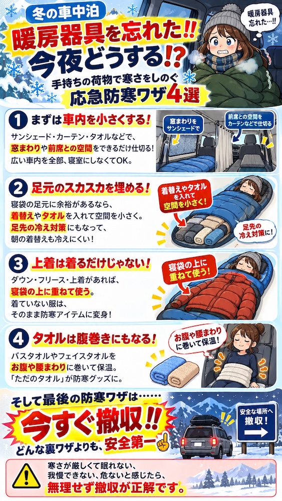 冬の車中泊で暖房器具を忘れたときの応急防寒ワザ4選。カーテンで車内を狭くする、寝袋の足元にタオルを詰める、上着を重ねる、タオルを腹巻きにする方法と、無理なら撤収することを伝えるインフォグラフィック。
