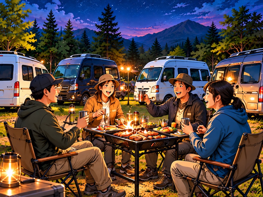 キャンピングカーが並ぶキャンプ場で、4人の仲間がテーブルを囲んでBBQを楽しむ夜のイラスト