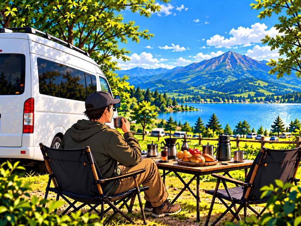 湖と山を望むキャンプ場で、白いキャンピングカーの横にテーブルと椅子を出し、コーヒーを楽しむ男性のイラスト
