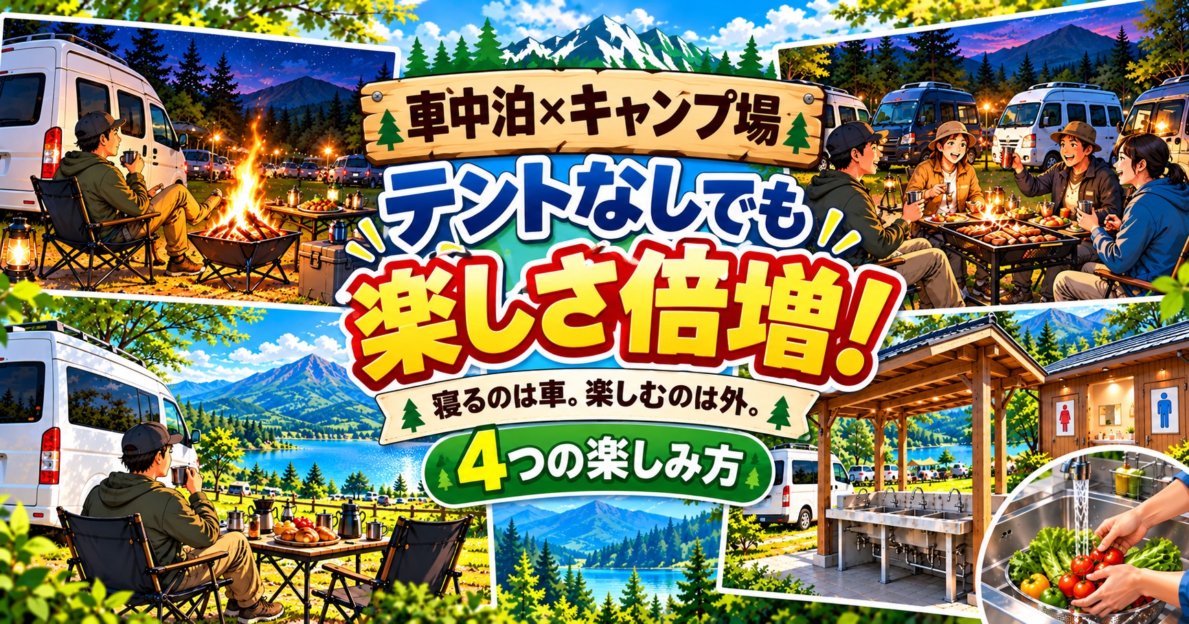 車中泊とキャンプ場の4つの楽しみ方を紹介するアイキャッチ。焚き火、仲間とのBBQ、外ごはん、炊事場とトイレのイラスト