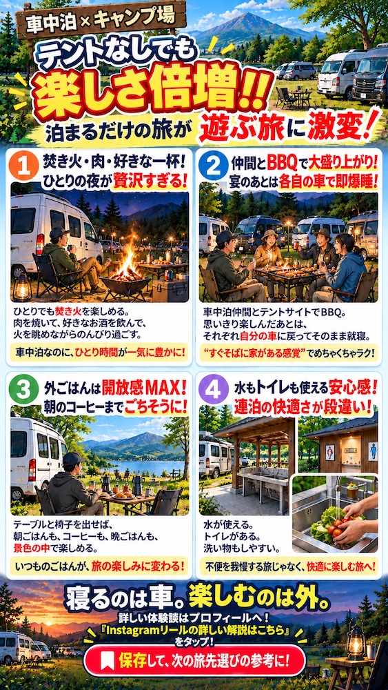 車中泊とキャンプ場の4つの楽しみ方を紹介するアイキャッチ。焚き火、仲間とのBBQ、外ごはん、炊事場とトイレのインフォグラフィック